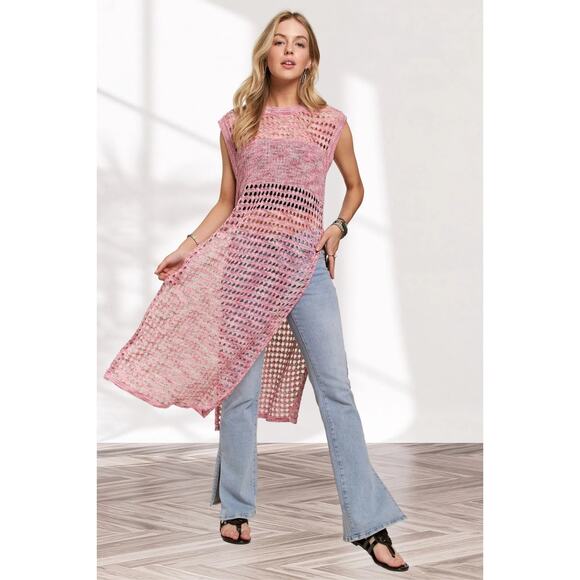 ADORA Multi Color Sleeveless Round Neck Side Slit Crochet Tunic Top | Pink - Picture 6 of 6